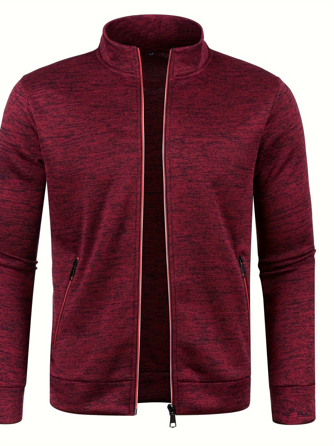 Rote Herren-Sweatjacke, Reißverschluss, Stehkragen, Freizeitmode, Baumwollmischung.