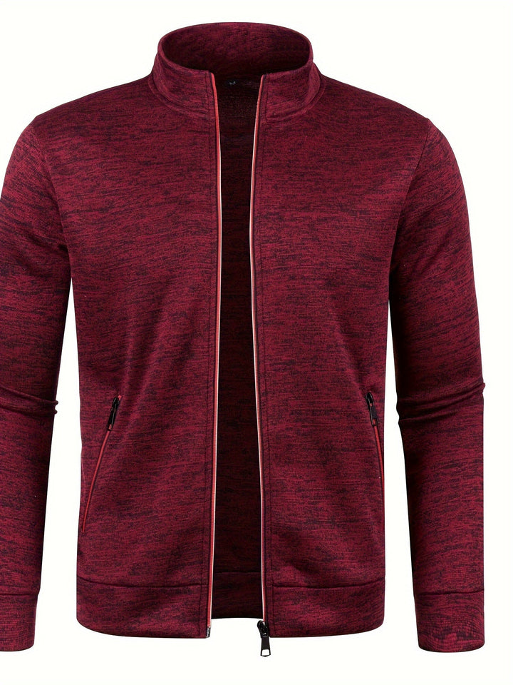 Rote Herren-Sweatjacke, Reißverschluss, Stehkragen, Freizeitmode, Baumwollmischung.