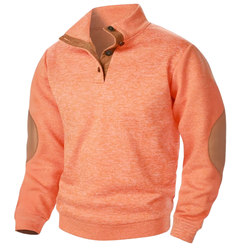 Orangefarbener Pullover mit Knopfleiste und braunen Ellbogen-Patches, Herrenmode, Freizeitkleidung.