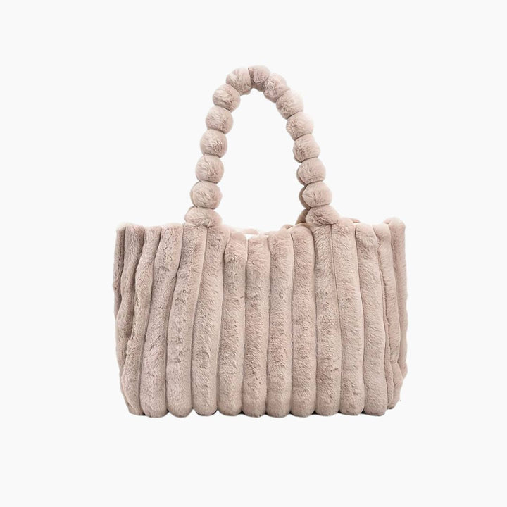 Beige Kunstpelz Handtasche mit geflochtenem Griff, modisch, elegant, Damenaccessoire.