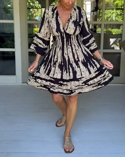 Herbstliches & Stylishes Damenkleid mit V-Ausschnitt und 3/4-Ärmeln – Elina