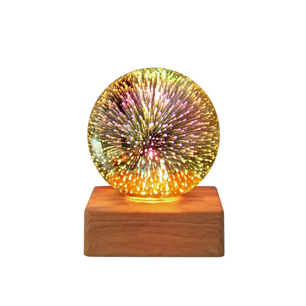 3D-Feuerwerk Kristallkugel Lampe, Nachtlicht, USB, Holzsockel, Schlafzimmer Deko, buntes Licht