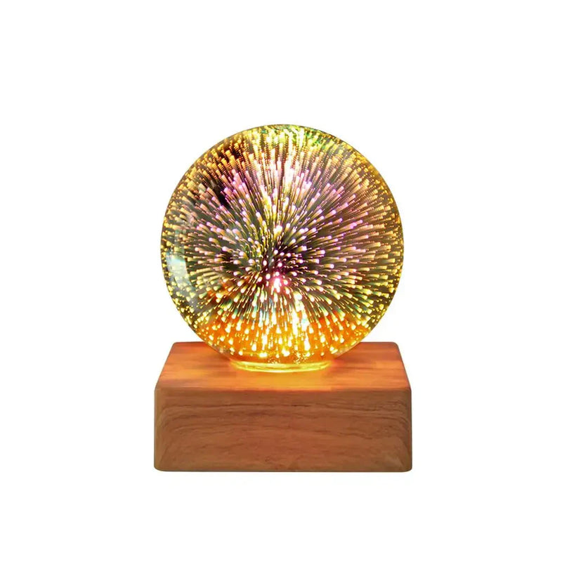 3D-Feuerwerk Kristallkugel Lampe, Nachtlicht, USB, Holzsockel, Schlafzimmer Deko, buntes Licht