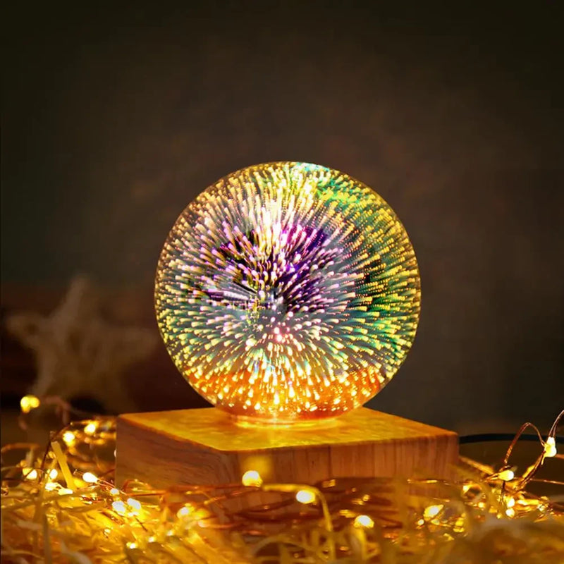3D-Feuerwerk Kristallkugel Lampe, USB, Nachtlicht, Holzsockel, Schlafzimmer Dekoration.