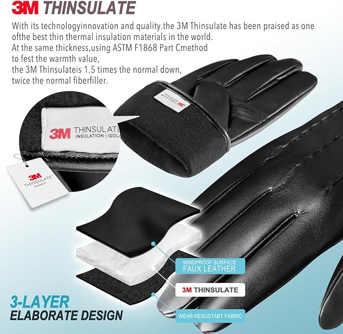 3M Thinsulate Handschuhe, schwarz, Kunstleder, winddicht, wasserabweisend, isoliert, warm.