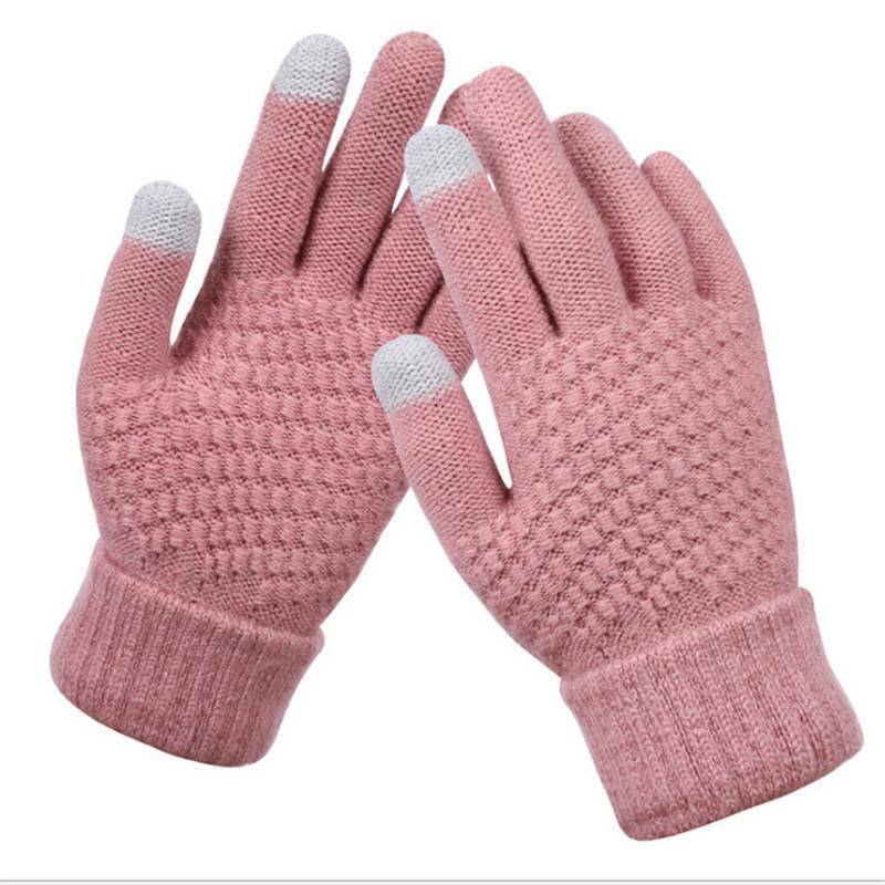Rosa gestrickte Touchscreen-Handschuhe mit grauen Fingerspitzen für Damen, Wintermode.