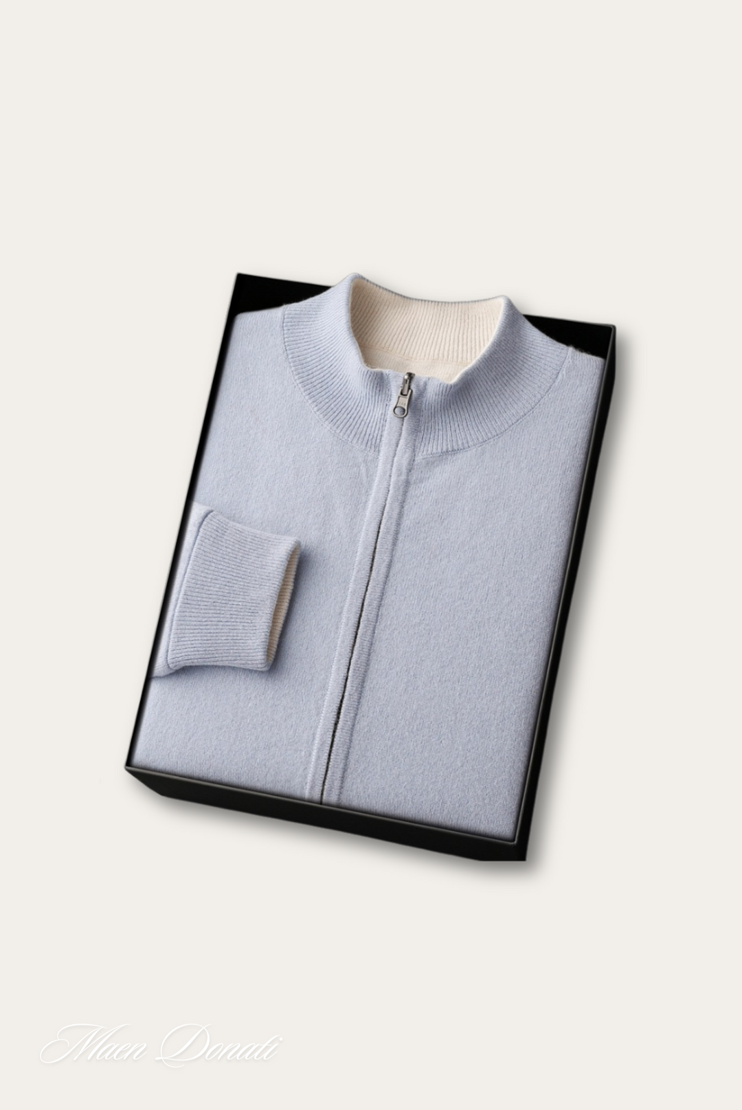 Hellblauer Kaschmirpullover mit Reißverschluss, in Geschenkbox, elegantes Design, Herrenmode.