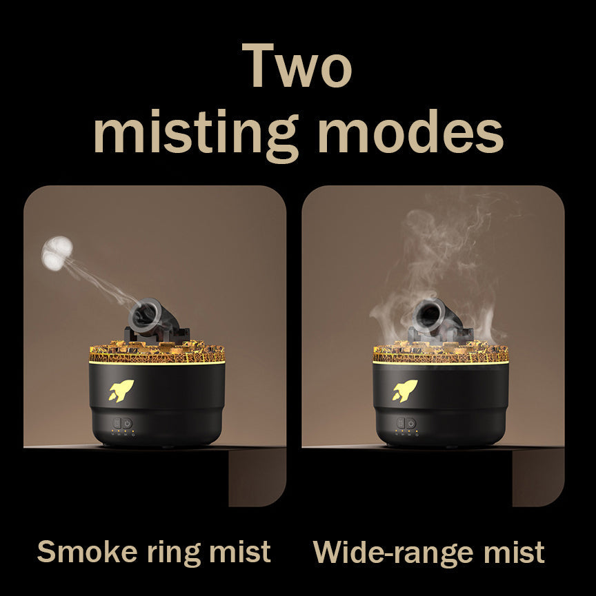 Luftbefeuchter mit Rauchring- und Weitnebelmodus, schwarz-gold, modernes Design.