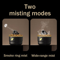 Luftbefeuchter mit Rauchring- und Weitnebelmodus, schwarz-gold, modernes Design.