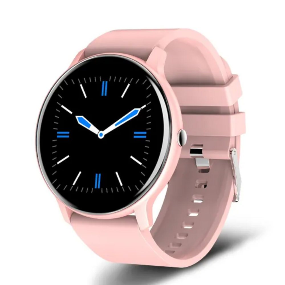 Rosa Smartwatch mit rundem Zifferblatt, Silikonarmband, digitalem Display, modisch, modern.