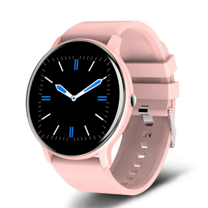 Rosa Smartwatch mit rundem Zifferblatt, Silikonarmband, digitalem Display, modisch, modern.