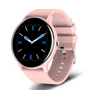 Rosa Smartwatch mit rundem Zifferblatt, Silikonarmband, digitalem Display, modisch, modern.