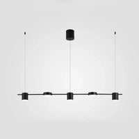 Moderne schwarze Pendelleuchte mit vier runden LED-Lampen, minimalistisch, für Esszimmer.