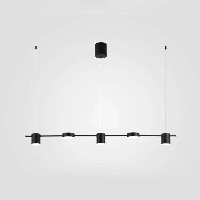 Moderne schwarze Pendelleuchte mit vier runden LED-Lampen, minimalistisch, für Esszimmer.