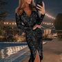 Frau in schwarzem Paillettenkleid, Selfie, Abendveranstaltung, stilvoll, elegant, Partykleid