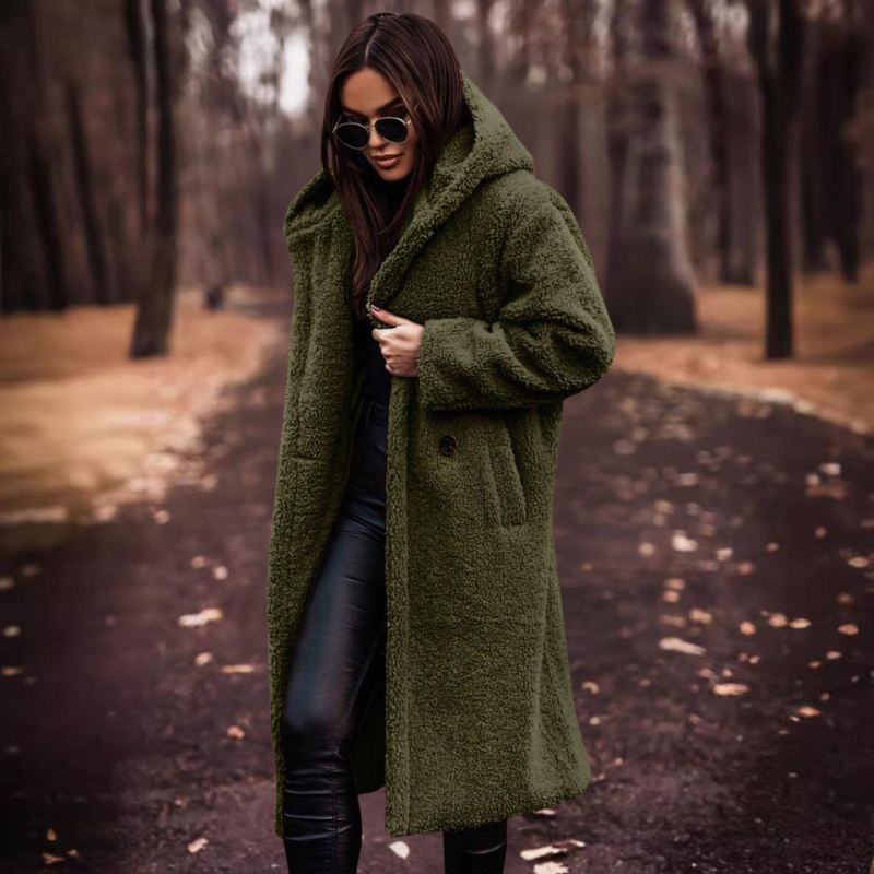 Langer Damen Teddy Mantel mit Kapuze – Maren