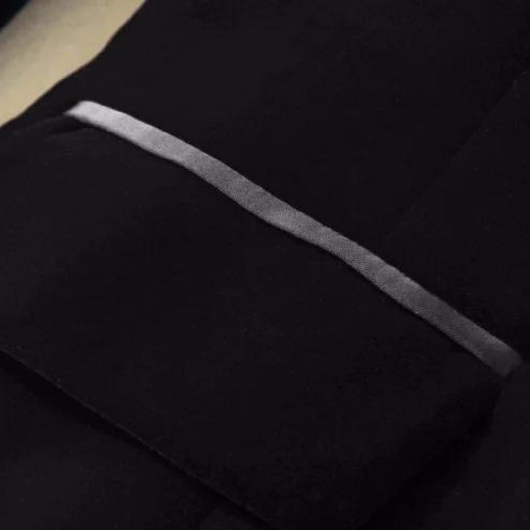 Schwarzer Anzugstoff mit grauem Streifen, hochwertige Textur, elegantes Design, Herrenmode.