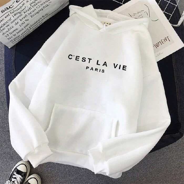 Weißer Hoodie mit Aufdruck "C'est La Vie Paris", Unisex, Baumwolle, lässiger Stil.