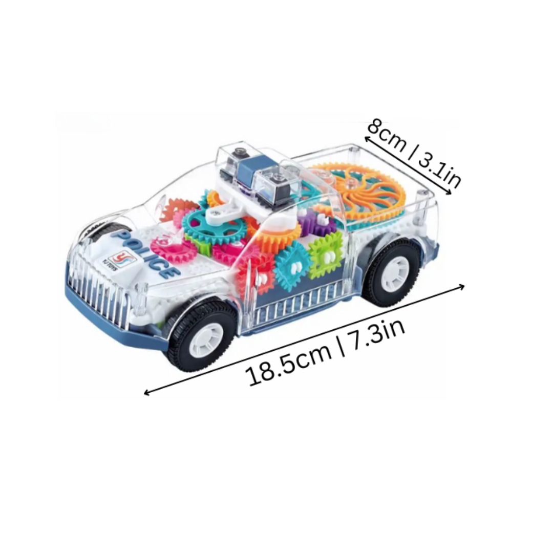 Transparenter Spielzeugauto mit Zahnrädern, 18,5 cm, Kunststoff, Lernspielzeug für Kinder.