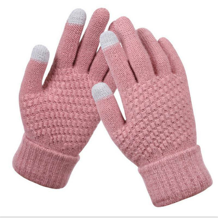 Rosa gestrickte Touchscreen-Handschuhe mit grauen Fingerspitzen für Damen.