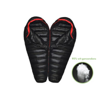 Schwarzer Daunenschlafsack, Mumienform, 95% Gänsedaunen, ideal für Camping und Outdoor-Abenteuer.