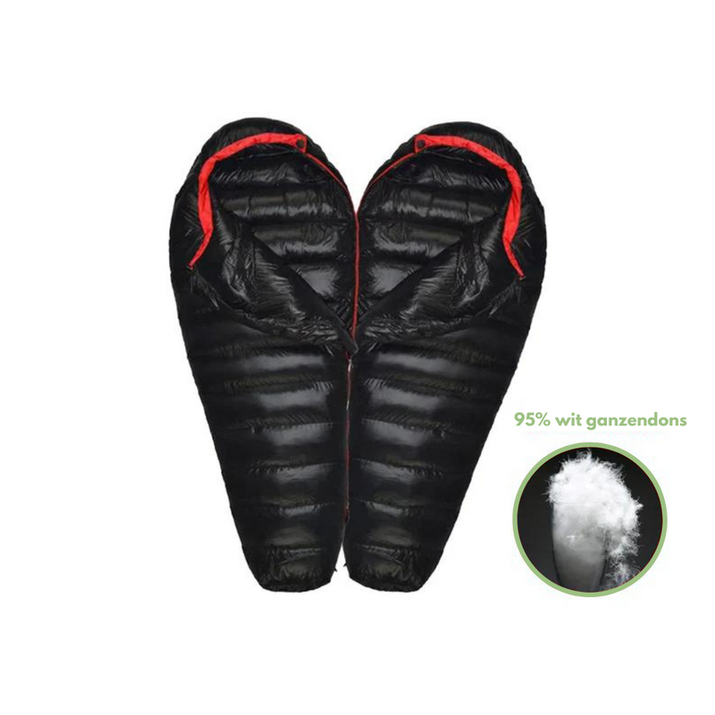 Schwarzer Daunenschlafsack, Mumienform, 95% Gänsedaunen, ideal für Camping und Outdoor-Abenteuer.