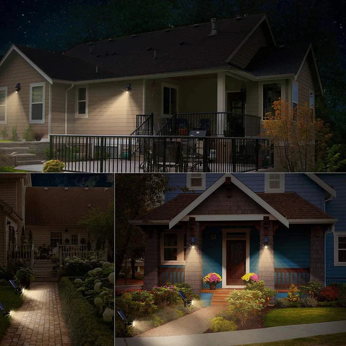 Beleuchtetes Einfamilienhaus bei Nacht, Solarlampen im Gartenweg, moderne Außenbeleuchtung.