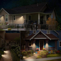 Beleuchtetes Einfamilienhaus bei Nacht, Solarlampen im Gartenweg, moderne Außenbeleuchtung.