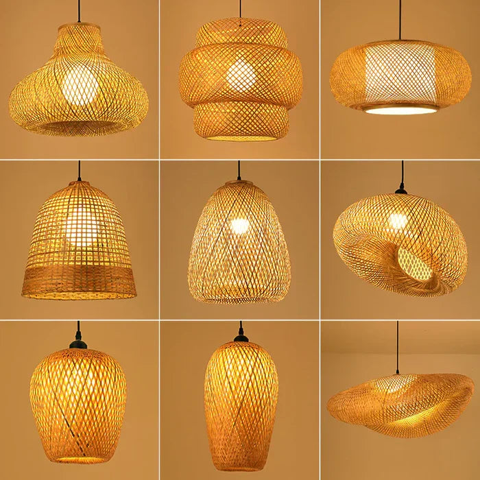 Neun hängende Rattanlampen, handgefertigt, warmes Licht, modernes Design, Wohnzimmerbeleuchtung.