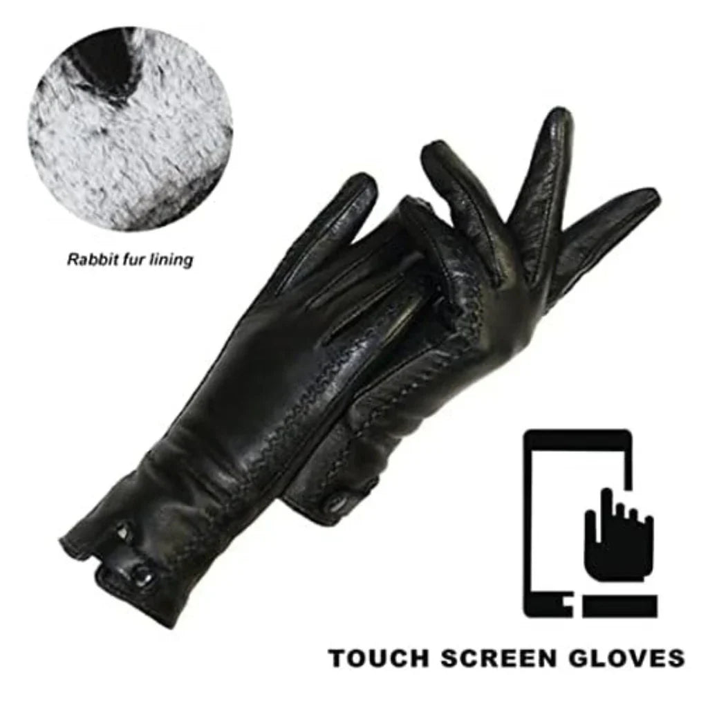 Schwarze Touchscreen-Handschuhe aus Leder mit Kaninchenfellfutter für Wintermode.