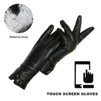 Schwarze Touchscreen-Handschuhe aus Leder mit Kaninchenfellfutter für Wintermode.