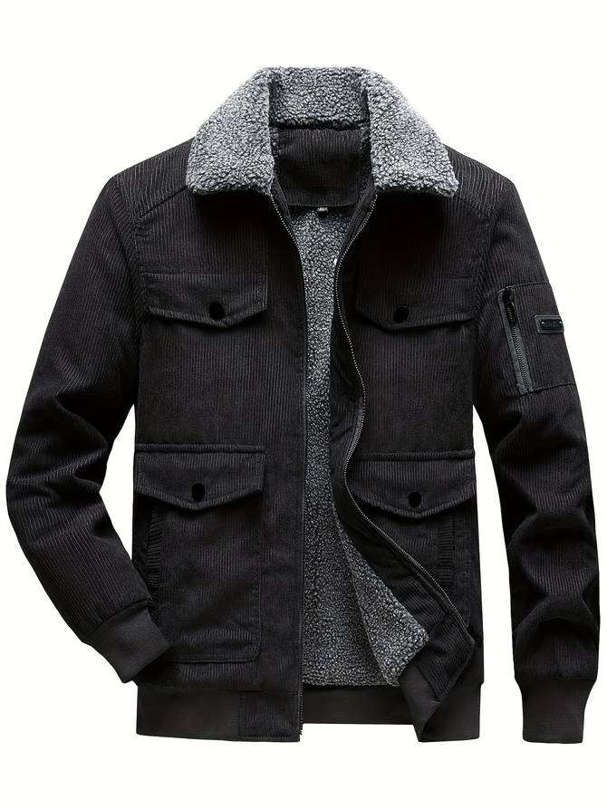 Schwarze Cordjacke mit grauem Futter, Herrenmode, Winterjacke, warm, stilvoll, Reißverschluss.