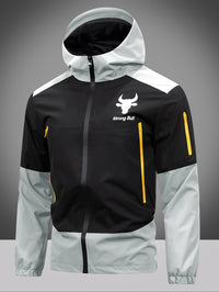 Schwarz-graue Herren-Softshelljacke mit Kapuze, gelben Reißverschlüssen, Outdoor-Bekleidung