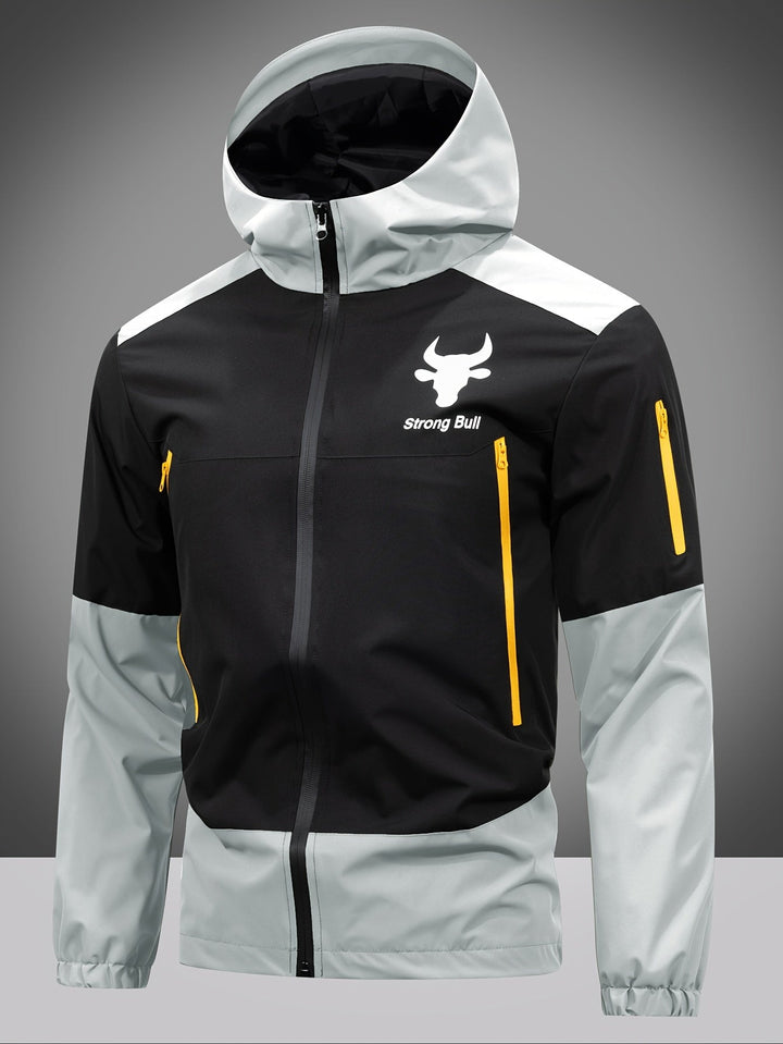 Schwarz-graue Herren-Softshelljacke mit Kapuze, gelben Reißverschlüssen, Outdoor-Bekleidung