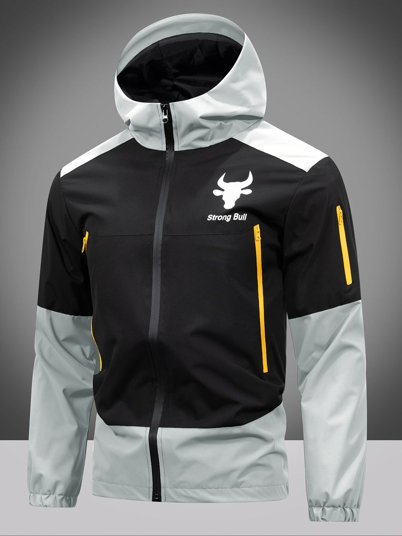 Schwarz-graue Herren-Softshelljacke mit Kapuze, gelben Reißverschlüssen, Outdoor-Bekleidung