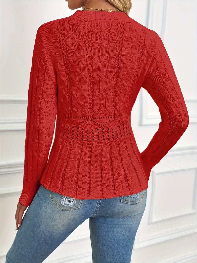 Roter Strickpullover Damen, Zopfmuster, langärmelig, modisch, elegant, Herbstmode.