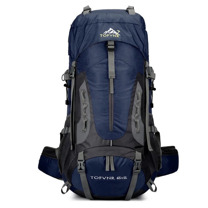 Blauer Wanderrucksack 65+5L, wasserdicht, mit mehreren Taschen, ideal für Outdoor-Abenteuer.