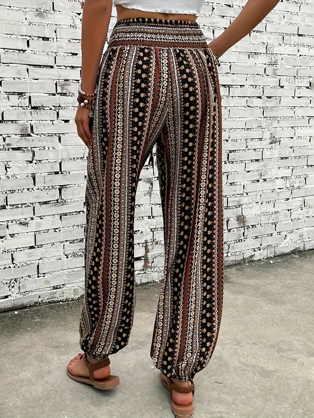 Boho High-Waist Damenhose mit Print & gesmoktem Bund – Linara