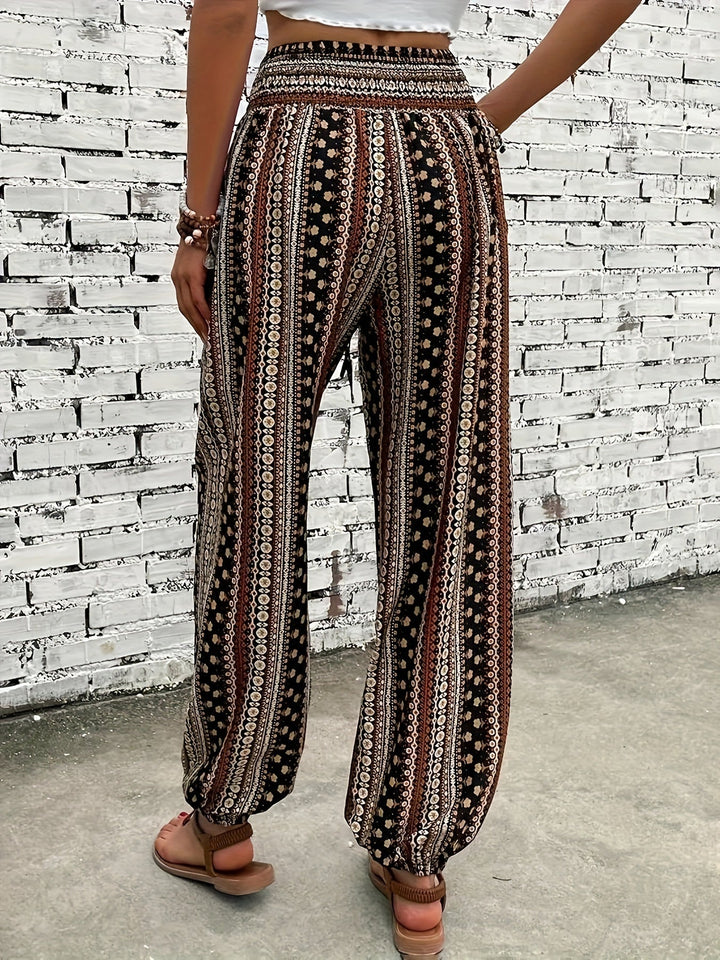 Boho High-Waist Damenhose mit Print & gesmoktem Bund – Linara