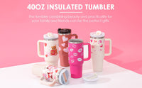 40oz isolierter Becher, rosa, Herz- und Kussmuster, doppelwandig, Geschenkidee