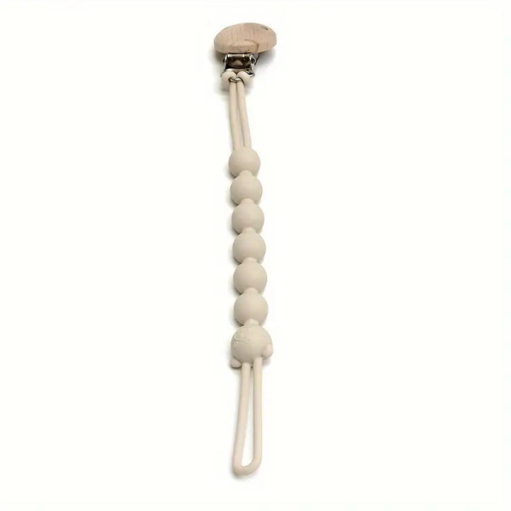 Beißring-Halter aus Silikon, beige, mit Holzclip, für Babys, sicher und langlebig.