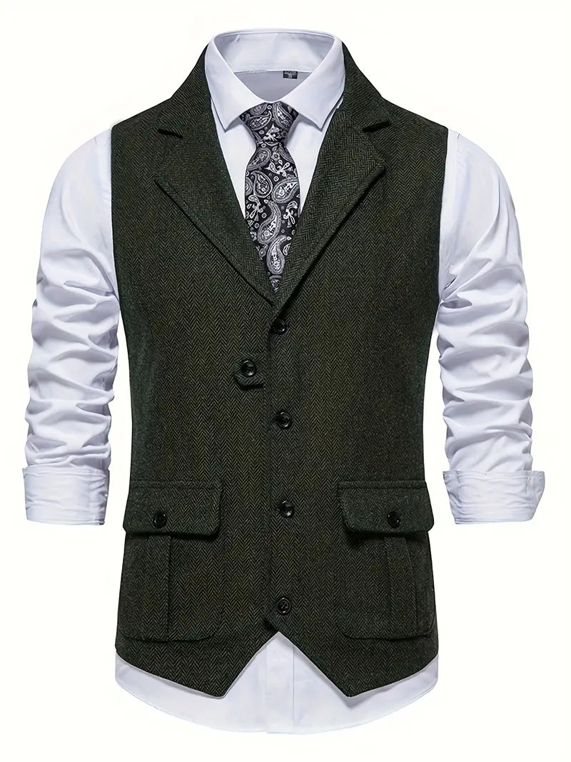 Grüne Herrenweste aus Tweed mit Knöpfen, weißes Hemd, gemusterte Krawatte, elegantes Outfit.
