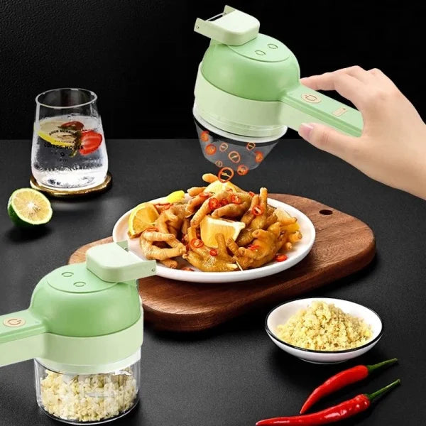 Grüner elektrischer Gemüseschneider, 4-in-1, USB, für Küche, Zerkleinerer, langlebig.
