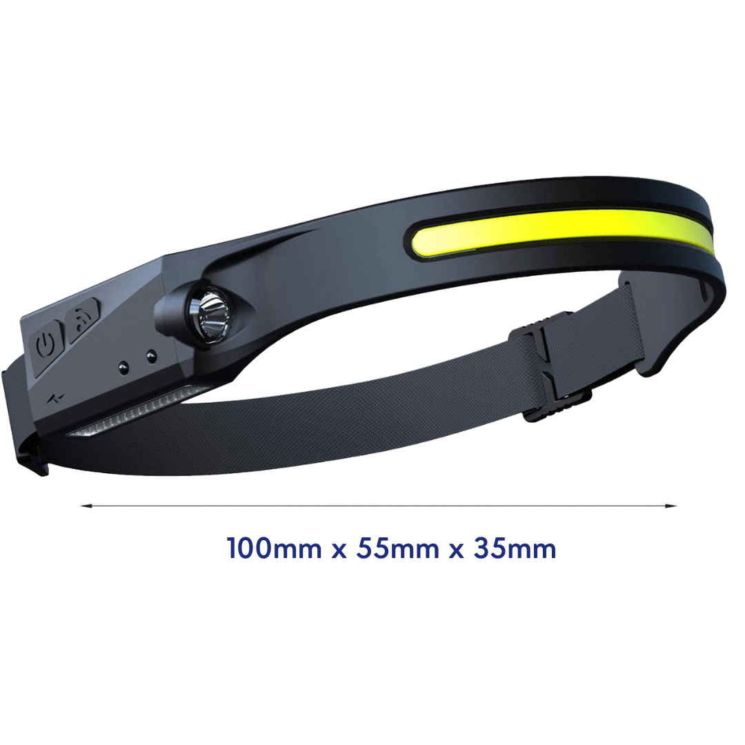 Schwarze LED-Stirnlampe mit verstellbarem Band, USB-Anschluss, 100x55x35mm.