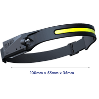 Schwarze LED-Stirnlampe mit verstellbarem Band, USB-Anschluss, 100x55x35mm.