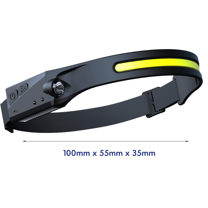 Schwarze LED-Stirnlampe mit verstellbarem Band, USB-Anschluss, 100x55x35mm.