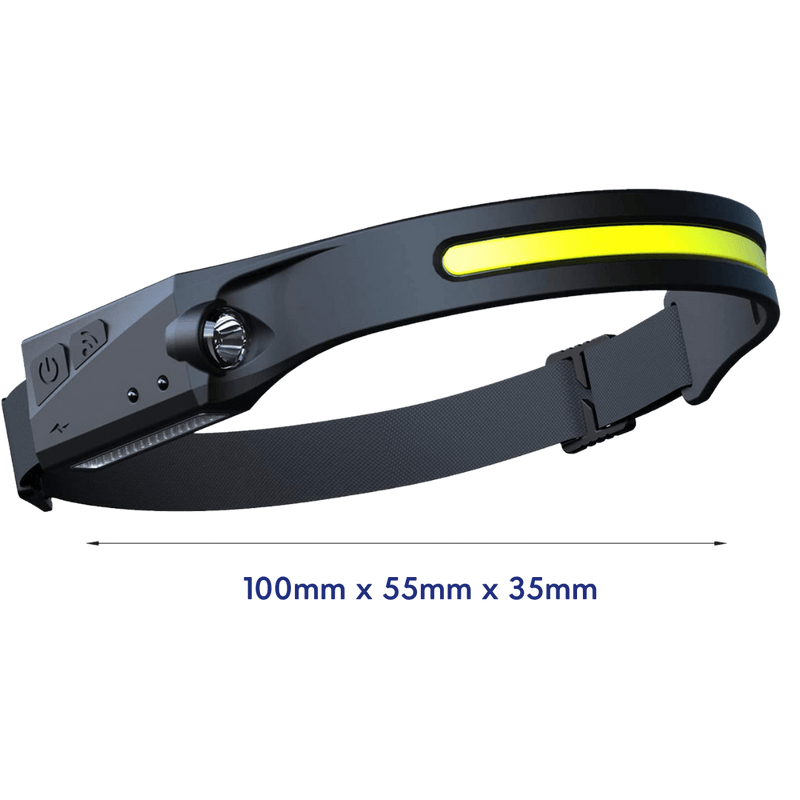 Schwarze LED-Stirnlampe mit verstellbarem Band, USB-Anschluss, 100x55x35mm.