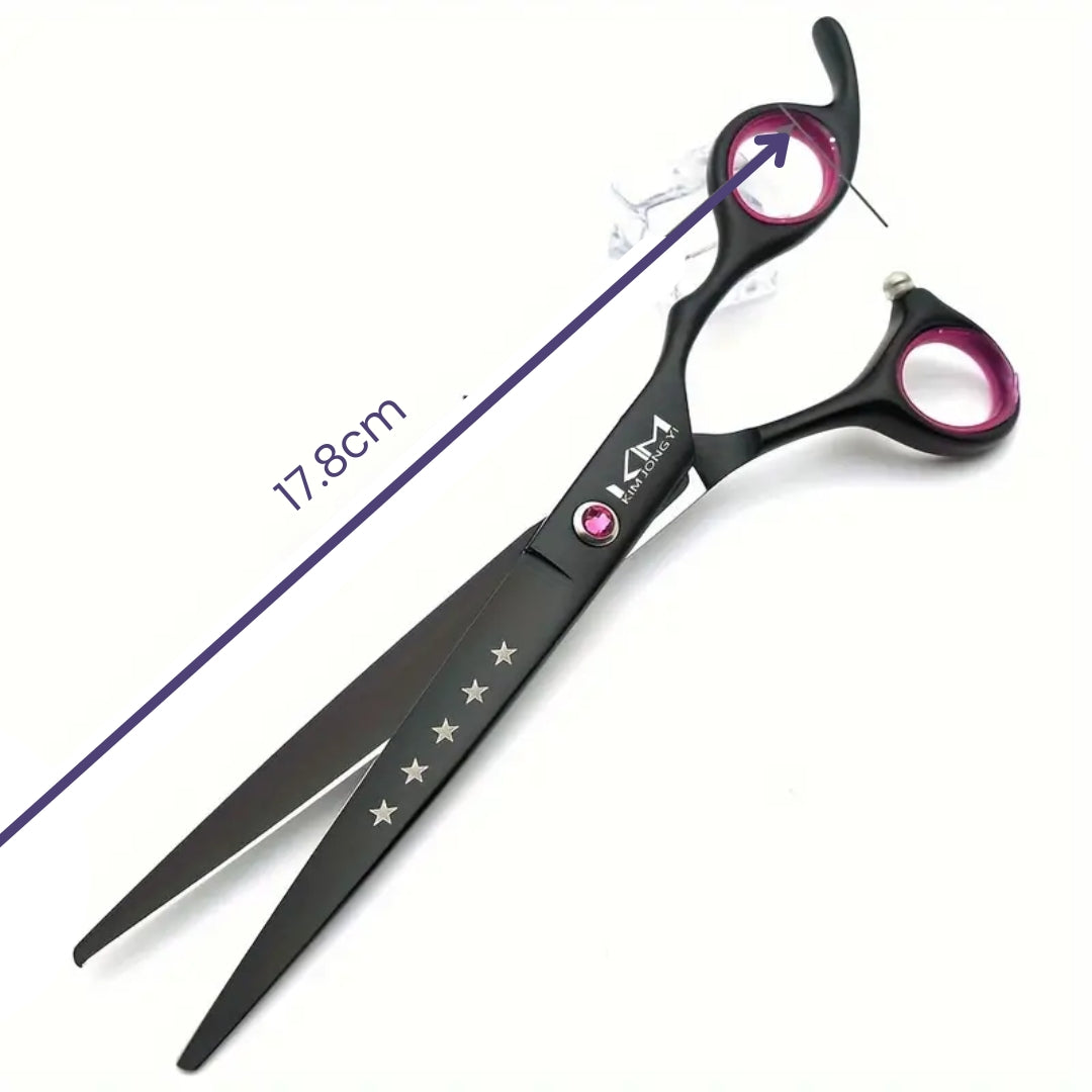 Schwarze Friseurschere 17,8 cm, ergonomisch, mit pinken Griffen und Sternverzierung.