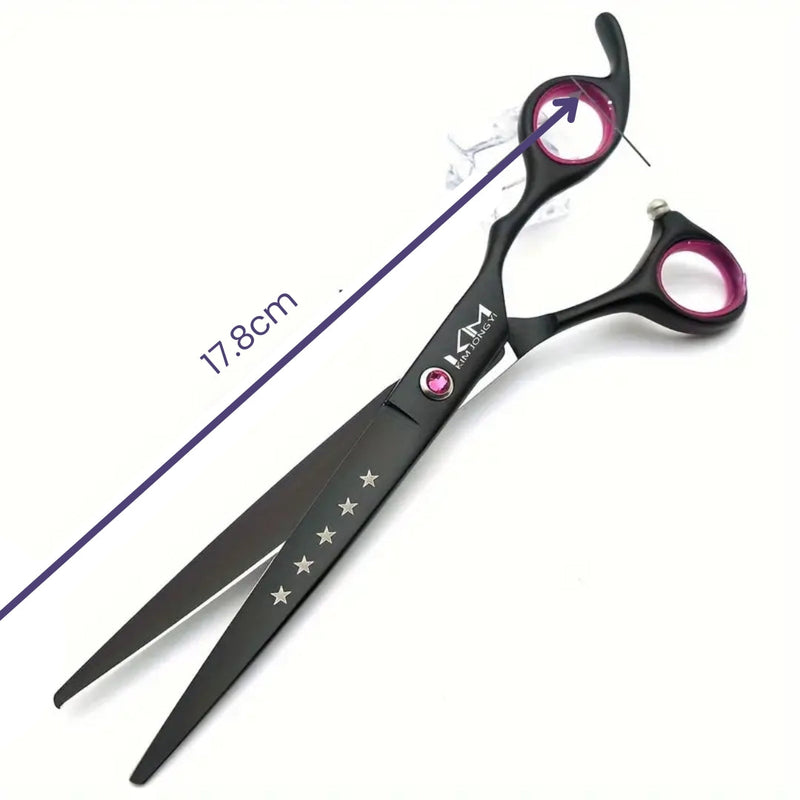Schwarze Friseurschere 17,8 cm, ergonomisch, mit pinken Griffen und Sternverzierung.