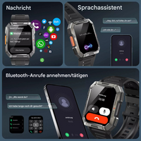 Smartwatch mit Sprachassistent, Nachrichtenfunktion, Bluetooth-Anrufe, schwarzes Armband.